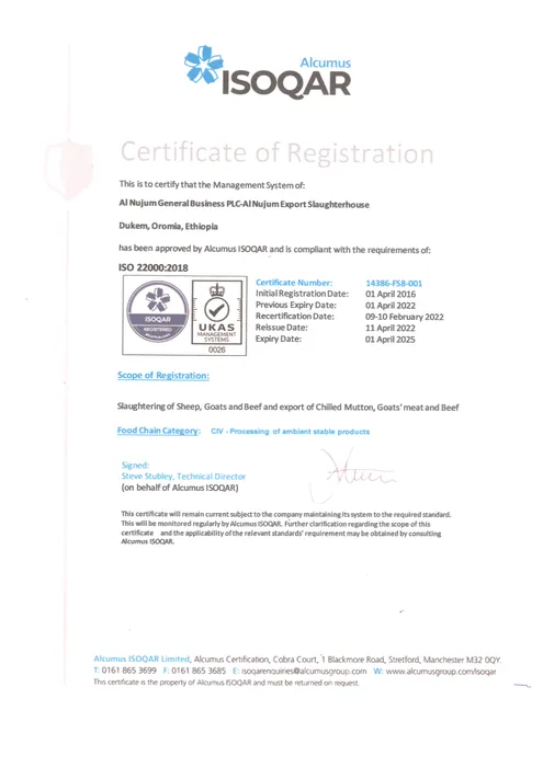 Certificate: ISO 22000:2018 — Certificate of Registration